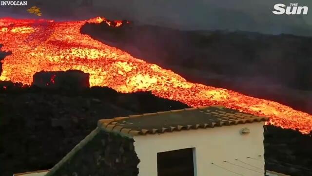 Drone vid of La Palma volcano carving fresh path of destruction