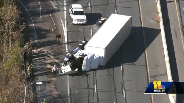 Tractor-trailer overturns on Beltway at Route 295