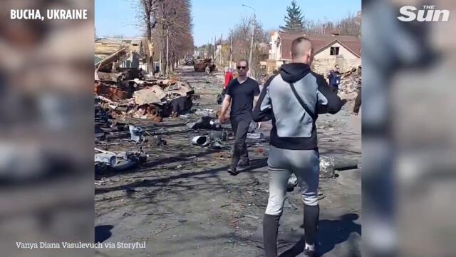 Destroyed Russian column seen on street in Bucha, Ukraine