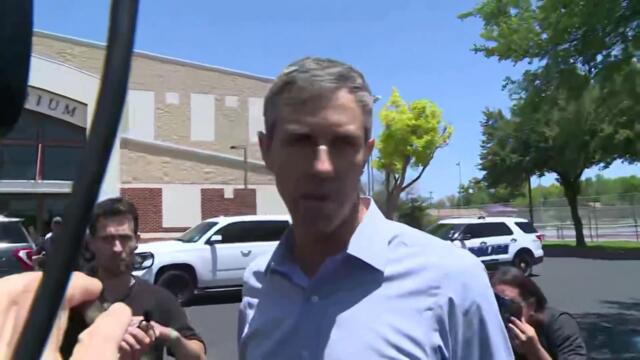 Beto O'Rourke talks to reporters after interrupting Gov. Abbott's news conference
