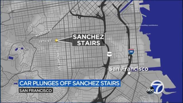 Car flips over San Francisco hillside near stairs