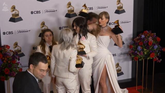 Taylor Swift acting weird to boygenius backstage at the Grammys