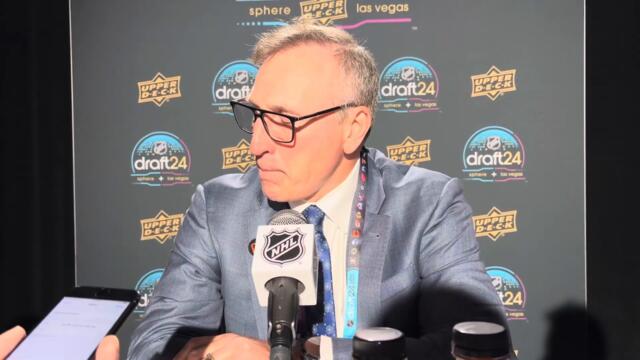 Ducks general manager Pat Verbeek speaks to the media after the first round of the 2024 NHL Draft