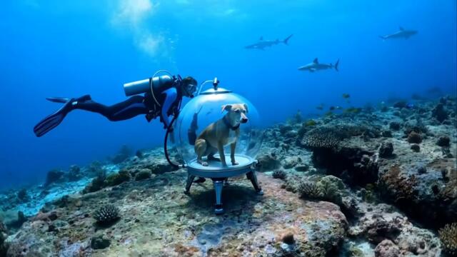 Куче изследва подводният свят в специална капсула