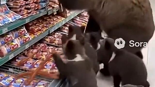 Медведица с детьми устроила налёт на супермаркет! 🐻🥩😂 #viralvideo #ai #trend #automation #viral